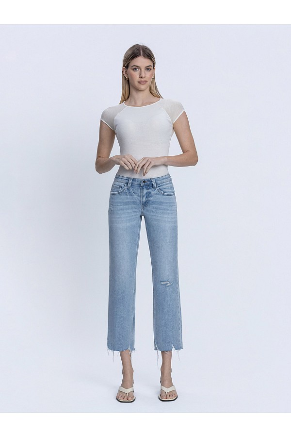 MID RISE LIGHT WASH RAW HEM STRAIGH...